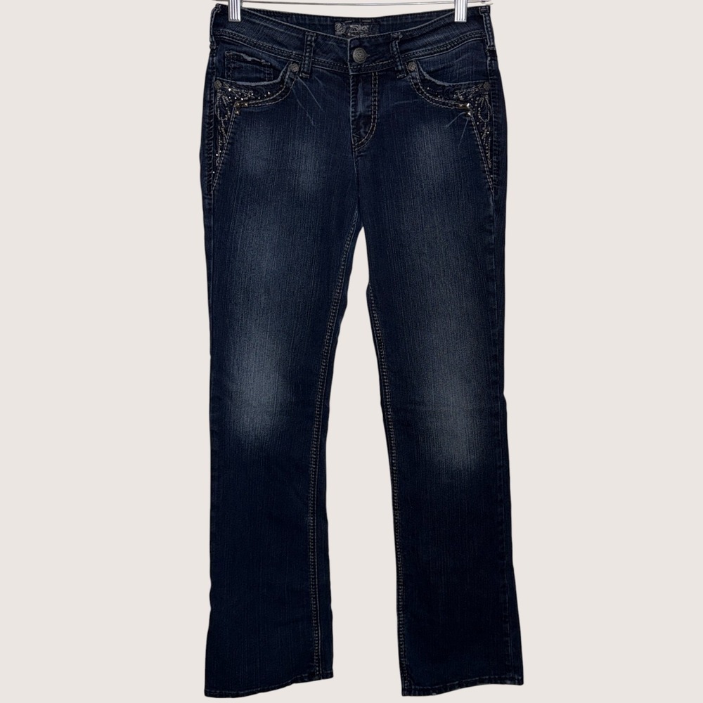 Silver Jeans Co Womens Bootcut Embellished Dark Wash Denim Jeans Size 28 Glam